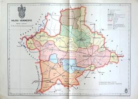 [Térkép] Hajdú vármegye térképe. Mérték 1:375,000. (1941). [Budapest], 1941. Magyar Királyi Honvéd Térképészeti Intézet. Színes térkép, mérete: 220x295 mm egy 250x350 mm méretű térképlapon. Domborzati és vízrajzi részleteket is feltüntető térképünk a M. kir. Honvéd Térképészeti Intézet 1937-1941 között készült közigazgatási térképsorozatának tagja. Az ország tiszántúli részének szívét alkotó Hajdú megye az 1876-os megyerendezés során jött létre a különleges jogállású hajdú kerületekből és hajdú városokból, mely területéhez hozzácsatolták a cívis várost, Debrecent, nyugaton a Hortobágyot, délen Püspökladányt és környékét. A Szabolcs és Bihar megyékkel körbevett megye nem érintkezett a trianoni határral, így a második bécsi döntés határmódosításai érintetlenül hagyták megyénk közigazgatási beosztását; ám a politikai változás markánsan érintette Hajdú megye gazdasági és közlekedési jelentőségét. A színkódolt járásbeosztáson kívül térképünk feltünteti a megye egyvágányú vasútvonalait, illetve elsőrendű műutakkal sűrűn benőtt közúthálózatát; településhálózatát: törvényhatósági jogú városát (Debrecen), rendezett tanácsú városait (Hajdúszoboszló, Hajdúböszörmény, Hajdúhadház, Hajdúnánás), nagyközségeit és egyéb lakott helyeit. Döntően közigazgatási és közlekedésföldrajzi célokat szolgáló térképünk domborzati részleteket csak elvétve, ám vízrajzi részleteket bőséggel tüntet fel. Egyes települések mellett magassági jelzés. Jelmagyarázat a bal felső sarokban, a címsor felett a megye címere lebeg, a kiadási év a bal alsó sarokban (1941). A jobb alsó sarokban kereskedői bélyegzés. Jó állapotú térkép, halvány hajtásnyommal, a hátoldalon kézi feliratozással.