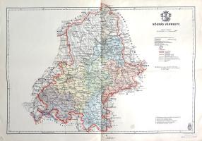 [Térkép] Nógrád vármegye térképe. Mérték: 1:270,000. (1941). [Budapest], 1941. Magyar Királyi Honvéd Térképészeti Intézet. Színes térkép, mérete: 295x445 mm egy 350x500 mm méretű térképlapon. Domborzati és vízrajzi részleteket is feltüntető térképünk a M. kir. Honvéd Térképészeti Intézet 1937-1941 között készült közigazgatási térképsorozatának tagja. Az ország északi határa menti hegyvidéki megyénk területe az I. bécsi döntés nyomán erősen kibővült. A megye történelmi területét ábrázoló térképünkön az egykori megye bő háromnegyede már az anyaországhoz tartozik, a határon belüli területek járásonként elkülönülő színkódolással szerepelnek, a szlovák oldal járásbeosztása jelöletlen. Megyénk a Börzsöny keleti felét is birtokolja, Nógrádverőcénél dunai kijárattal, a Börzsöny nyugati felét azonban átadta a bécsi döntés nyomán felálló új közigazgatási egységnek, a Léva székhellyel kialakított Bars és Hont megyének. Térképünk feltünteti a megye egy- és kétvágányú vasútvonalait, első-, másod- és harmadrendű útjait és egyéb műútjait. A megye fő közlekedési útvonala a Zagyva mentén a salgótarjáni bányavidéket elérő kétvágányú vasútvonal, egyvágányú vasútként működik a Vácról Drégelypalánkon át Balassagyarmatot, Szécsényt és Losoncot elérő szárnyvonal, úgyszintén megépült már a Balassagyarmatnak tartó Galga menti vasút. A megye fő közútja a mai 2-es főút nyomvonalával azonos, csak az nem Ipolyságot, hanem a megyeszékhelyt, Balassagyarmatot célozza meg, majd halad tovább Losonc felé. A Cserhát közúti hálózata térképünkön tekervényes, alsóbbrendű utakból áll, ez manapság sincs másként. Térképünk a korabeli településhálózatot is jelzi: rendezett tanácsú városain (Balassagyarmat, Salgótarján) kívül feltűnnek nagyközségei (Romhány, Szécsény, Nógrádszakál, Losonc, Fülek), kisközségei és egyéb lakott helyei. Döntően közigazgatási és közlekedésföldrajzi célokat szolgáló térképünk az Ipolyra, Zagyvára és mellékfolyóira való tekintettel vízrajzi, a Börzsönyre, Cserhátra, Karancs-Medvesre, Cseres-hegységre való tekintettel domborzati részleteket is tartalmaz, egyes hegycsúcsok magassági adataival. Térképünkön piktogramok jelzik a megye bányáit, fürdőit és várromjait. Egyes települések mellett magassági jelzés. Jelmagyarázat a jobb felső sarokban, a címsor felett a megye címere lebeg, a kiadási év a bal alsó sarokban (1941). A jobb alsó sarokban kereskedői bélyegzés. Jó állapotú lap, halvány hajtásnyomokkal, hátoldalán kézi feliratozás.