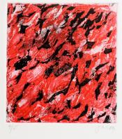 Olvashatatlan jelzéssel: Piros-fekete áramlás (cím nélkül). Színes rézkarc, papír, jelzett, számozott (4/5). 15×14 cm