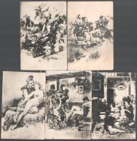 5 db katonai témájú, erotikus grafikákról készült fekete-fehér fotó, 14x9 cm körül