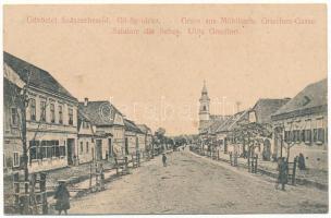 1908 Szászsebes, Mühlbach, Sebesul Sasesc, Sebes; Griechen Gasse / Görög utca. J. Hientz kiadása / Ulita Grecilori / street view + "ALVINCZ - VÖRÖSTORONY 370" sz. vasúti mozgóposta bélyegző (fl)