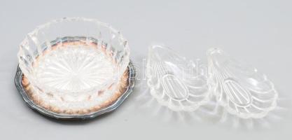 Háromrészes kaviárkínáló készlet, ezüstözött tálcán kis kopással, d: 15 cm