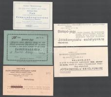 ca 1880-1900 5 db érdekes belépőjegy: Nagykőrösi Ifjúsági Kör, Országos Református Szeretetszövetség, Evangelikus nőegylet, Egyke elleni országos propaganda turné. Józsefvárosi kör