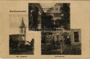 Kastélyosdombó, Kastélyos-Dombó; Gróf Erdődy kastély, kertész létrán, református templom, Hangya szövetkezet üzlete (EB)