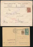 1920 Ajánlott cenzúrás céges levél 15 Bani bérmentesítéssel Tordáról Medgyesre küldve + 1940 10f díjjegyes levelezőlap 10f díjkiegészítéssel kolozsvári cenzúrával Temesvárra
