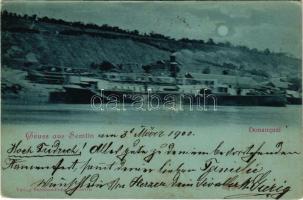 1900 Zimony, Semlin, Zemun; Donauquai. Verlag Kercsevits / rakpart, gőzhajó este holdfényben / quay, steamship at night in moonlight (lyuk / pinhole)