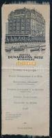 1928 "Hotel Dunapalota-Ritz Budapest" menüje selyem szalagon, rajta a Dunapalota képével, francia nyelven, érdekes menüsorral, rajta az ételek között, "Truite Saumonnée a la Ritz", "Bombe Rothermere"...stb., az italok között: "Vin blanc de Somló", "Chateau Hungaria","Batthyány brut"...stb., '1928 május 20', 23,5x8,5 cm.