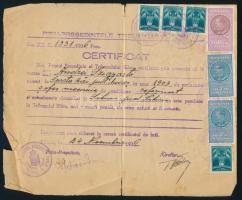 1936 Nagyszeben, román nyelvű igazolás 7 darab bélyeggel, szakadással, 17x21 cm