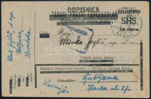 SHS 1919 Tábori posta levelezőlap SHS 10f felülnyomással, katonai cenzúrával, Bodor vizsgálójellel