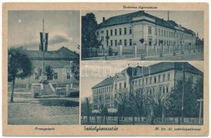 1943 Székelykeresztúr, Kristur, Cristuru Secuiesc; Országzászló, Unitárius főgimnázium, M. kir. állami tanítóképző intézet. Szemerjay Károly kiadása / Hungarian flag, grammar school, teachers' training institute (Rb)