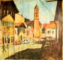 Olvashatatlan jelzéssel: Mittenwald, utcarészlet (Bajorország). Olaj, vászon. Hátoldalán autográf felirattal. Sérült. Vakráma nélkül. 110x118 cm. KIZÁRÓLAG SZEMÉLYES ÁTVÉTEL, NEM POSTÁZZUK! / ONLY PERSONAL COLLECTION AT OUR OFFICE!
