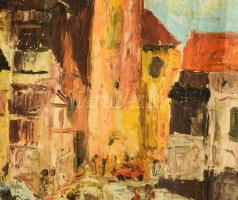 Olvashatatlan jelzéssel: Mittenwald, utcarészlet (Bajorország). Olaj, vászon. Hátoldalán autográf fe...