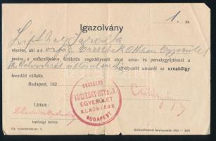 1920 Igazolvány urnahölgy részére Erzsébet otthon