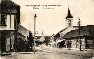 1916 Fehértemplom, Ung. Weisskirchen, Bela Crkva; Fő utca, Pekarek tea, Maggi reklám, üzletek, templom. Gustav Wunder / main street, advertisements, shops, church (szakadás / tear)