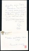1991 Bp., Mikes Lilla (1924-2004) Jászai Mari-díjas színésznő, a Korona Pódium alapítója és művészeti vezetője, illetve férje, Gál Péter (1918-2006) színész, rendező, színházigazgató gratuláló levele bethleni gróf Bethlen István és felesége részére esküvőjük alkalmából, borítékkal