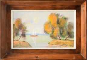 Jakus László (-): Vitorlások. Olaj, farost, jelzett, fakeretben, 16×26 cm