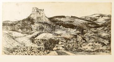 Pataki József (1928-1995): Somoskő vára. Rézkarc, papír, jelzett, kartonra kasírozva, 28x57 cm