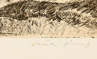 Pataki József (1928-1995): Somoskő vára. Rézkarc, papír, jelzett, kartonra kasírozva, 28x57 cm