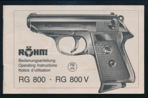 Röhm RG 800 gázpisztoly használati útmutatója, fekete-fehér képekkel illusztrált, többnyelvű, 28 p.