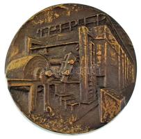 Kutas László (1936-) 1977. "Dunaújvárosi Papírgyár" kétoldalas öntött bronz emlékplakett eredeti fa díszdobozban (104mm) T:AU