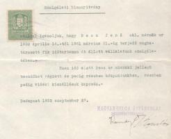 1932 Bp., Magyar-Belga Ásványolaj Rt. által kiállított szolgálati bizonyítvány, aláírásokkal, 50f ok...