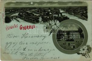 1899 (Vorläufer) Győr, Radó tér, Újváros, Győr-Sziget, zsinagóga, híd, M. kir. állami főreáliskola. Polgár Bertalan kiadása. Art Nouveau, floral, litho + "GYŐR ÁLLAM P.U." (szakadás / tear)