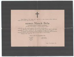 1942 Bp., nemes Mosch Béla kereskedelmi főtanácsos, tartalékos tüzérhadnagy gyászjelentése, a hajtások mentén szakadásokkal, 23x29,5 cm