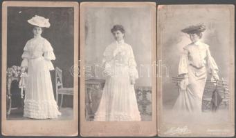 cca 1900 3 darab keményhátú fotó elegáns hölgyekről, kopással, 22x12 cm