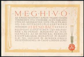 1941 Meghívó az EMSZO (Egyházközségi Munkásszakosztályok) által a Pesti Vigadóban rendezett "Uj Rend"-bálra, 14,5x21,5 cm