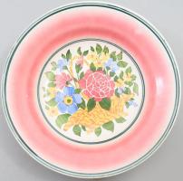 Gránit virágcsokor mintás fajansz dísztál, jelzett, kopással, d: 23 cm