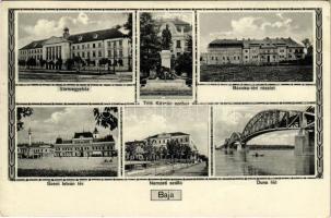 1932 Baja, Vármegyeház, Nemzeti szálló, Duna híd, Bácska és Szent István tér, Tóth Kálmán szobra. Hinterszer János kiadása. Art Nouveau (gyűrődés / crease)