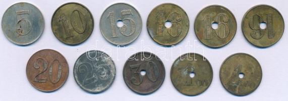 Belgium DN Gent "Hotel Elisabeth Gand St. Pierre", "5", "10", "15", "16", "20", "25", "30" és "1.00" névértékű fém szükségpénzek (11db, 8xklf) T:XF-F Belgium ND Gent "Hotel Elisabeth Gand St. Pierre", metal necessity money with value "5", "10", "15", "16", "20", "25", "30" and "1.00" (11pcs, 8xdiff) C:XF-F