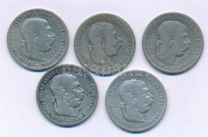 Ausztria 1893-1894. 1K Ag "Ferenc József" (5db, 2xklf) T:F
Austria 1893-1894. 1 Corona Ag...