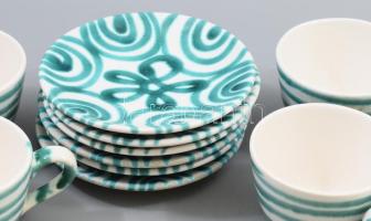 Gmundner Austria 6 darabos zöldcsíkozott csésze alátéttel szett, fehérkerámia, jelzett, hibátlan, d:...