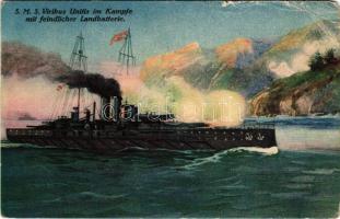 1917 SMS Viribus Unitis im Kampfe mit feindlicher Landbatterie / SMS Viribus Unitis az Osztrák-Magyar Haditengerészet Tegetthoff-osztályú csatahajója / WWI Austro-Hungarian Navy Tegetthoff-class battleship. Aquarell-Tiefdruck Künstlerkarte No. 105. + "BRIEFZENSUR der K.u.k. Seeflugstation Pola" "K.u.K. MARINEFELDPOSTAMT POLA" (EB)