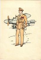 Magyar pilóta repülőgéppel. Kiadja a Délvidéki Egyetemi és Főiskolai Hallgatók Egyesülete / WWII Hungarian military art postcard, pilot with aircraft