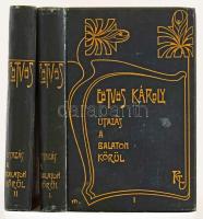 Eötvös Károly: Utazás a Balaton körül. I-II köt. Eötvös Károly Munkái I-II. Bp., 1901, Révai, 2 sztl. lev.+ 301+(3) p.; 2 sztl. lev.+ 299+(1) p. Kiadói aranyozott, szecessziós egészvászon-kötés, Gottermayer-kötés, festett lapélekkel, kissé kopott borítókkal, helyenként foltos lapokkal (néhány erősebben foltos lappal).