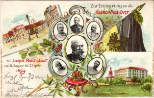 1899 (Vorläufer) Ceská Lípa, Böhmisch Leipa; Zur Erinnerung an die Kaisermanöver bei Leipa-Reichstadt 1899., Schloss. Jos. Hentschel / 1899-es Császári hadgyakorlatok emléklapja, Ferenc József / In memory of the royal maneuvers and the presence of his Majesty the Emperor Franz Joseph I of Austria in Leipa. Art Nouveau, floral, litho (EK)