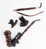 3 darab pipa, egyik sérült, közte faragott, h: 25 cm alatt