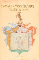 cca 1906 A zsarolyáni és mándi Márton család címere a XIV. századból. Nagyméretű, kézzel rajzolt és festett címerrajz, lapszéli sérülésekkel, 49,5x33 cm