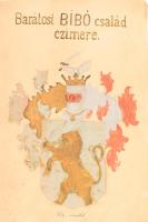 cca 1906 A barátosi Bibó család címere a XV. századból. Nagyméretű, kézzel rajzolt és festett címerrajz, lapszéli sérülésekkel, foltokkal, 49,5x33 cm