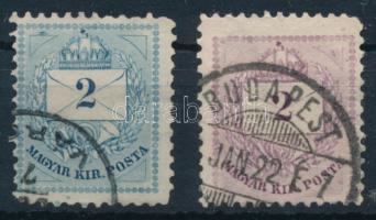 1881 2kr I. típus, a bal felső háromszög fölött 3 vízszintes vonal + 2kr II. típus, a jobb felső háromszögben függőleges javítás