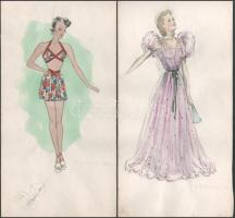M Sröbel jelzéssel, 2db mű: Hölgy estélyi és nyári ruhában (divatrajz). Akvarell, papír, 31,5x16 cm