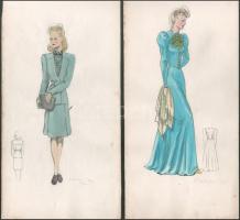 M Sröbel jelzéssel, 2db mű: Hölgy estélyi és elegáns ruhában (divatrajz). Akvarell, papír, 31,5x16 cm