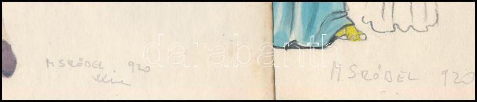 M Sröbel jelzéssel, 2db mű: Hölgy estélyi és elegáns ruhában (divatrajz). Akvarell, papír, 31,5x16 c...