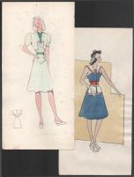 M Sröbel jelzéssel, 2 db mű: Hölgyek elegáns ruhában (divatrajz). Akvarell, papír, egyiken apró foltokkal, 31,5x15,5 cm