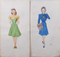M Sröbel jelzéssel, 2 db mű: Hölgyek elegáns ruhában (divatrajz). Akvarell, papír, lapszéli néhány kevés apró folttal, 31,5x15,5 cm