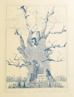 Zala Tibor (1920-2004): Balatonakarattyai legenda, 1982. Rézkarc, papír. Jelzett. Zala Tibor autográf ajándékozási soraival. Hátoldalán próbanyomat II halvány bélyegzéssel. Lapszéli szakadással és néhány kevés egészen apró folttal. 39,5x29,5 cm