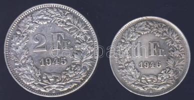 Svájc 1945 2Fr + 1946 1Fr Ag T:2-/3+
