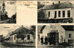 1932 Csajág, Református templom és lelkészlak, Református iskola, gyerekek, Községháza, Hangya fogyasztási szövetkezet üzlete (apró szakadás / tiny tear)